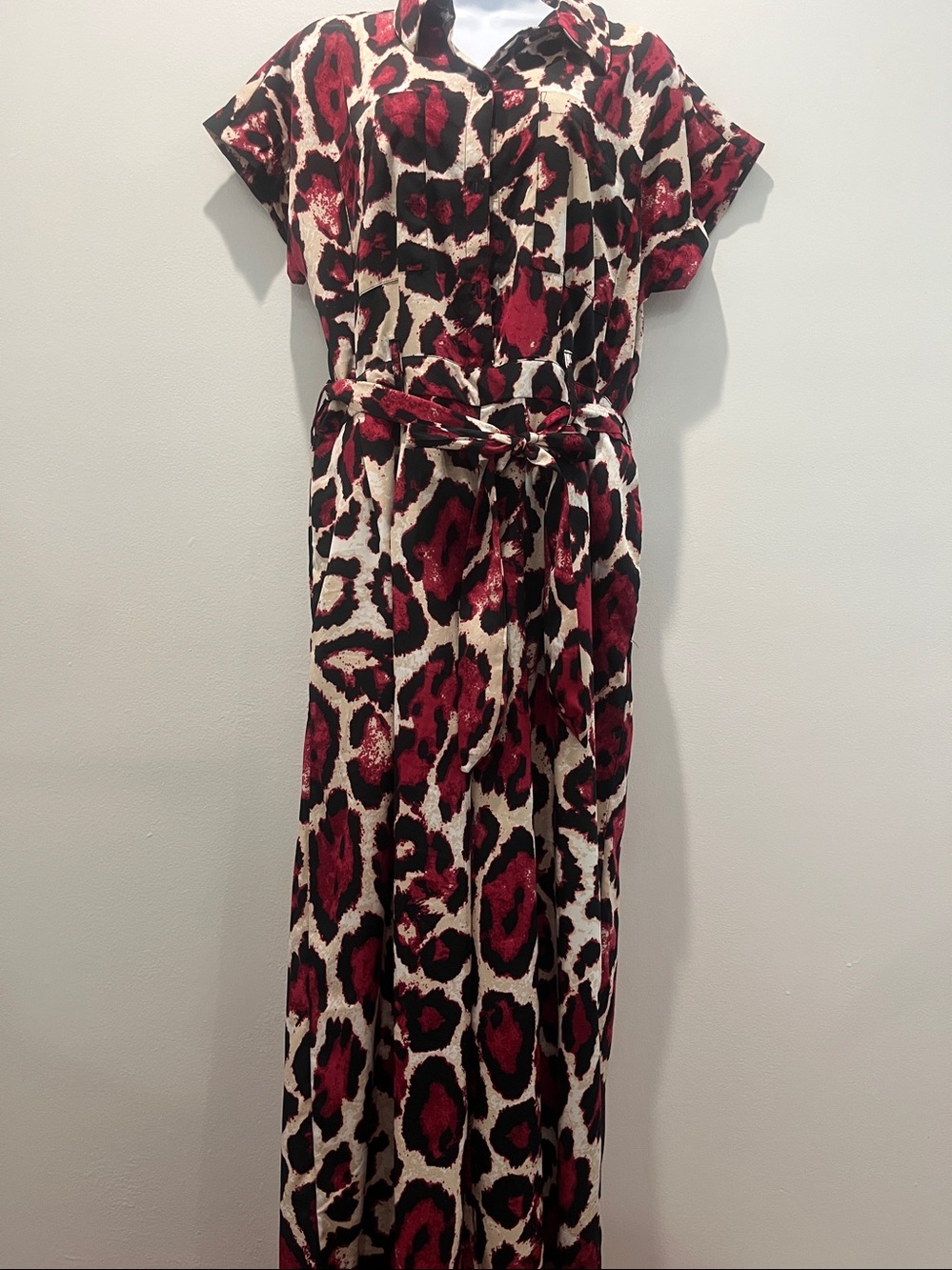 Red Leopard Print Jumpsuit with Tie Waist